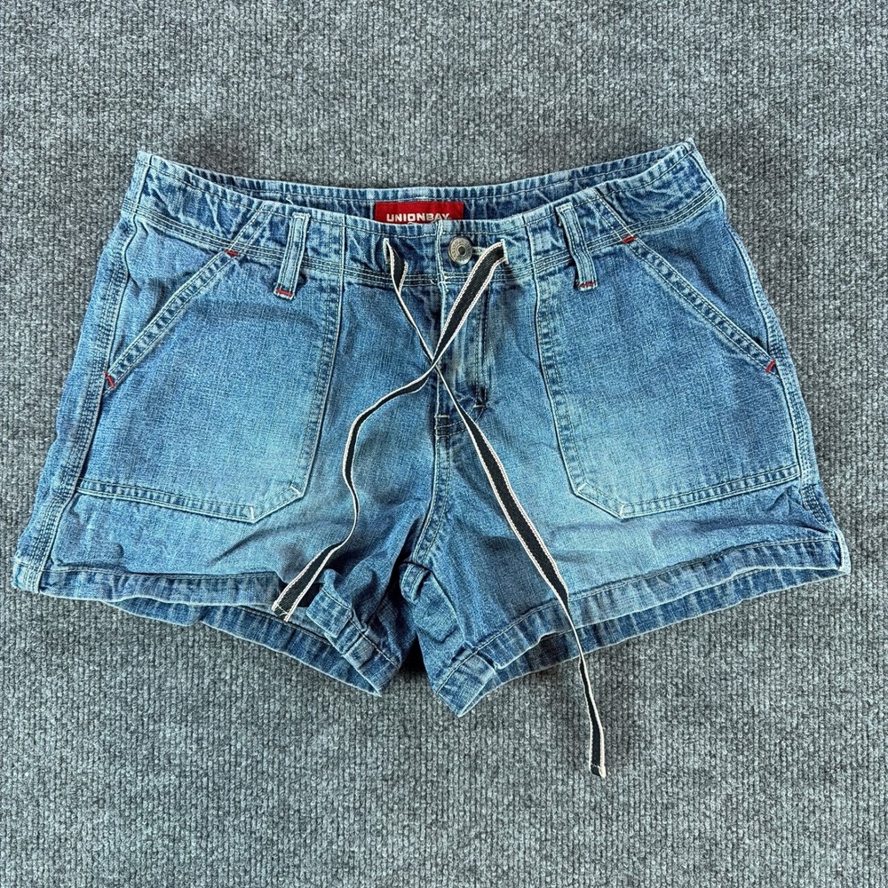 Y2K Unionbay Denim Shorts Womens 7 Medium Wash Cargo Utility Drawstring Denim